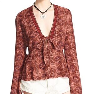 Free People Bell Sleeve Tie Front Blouse